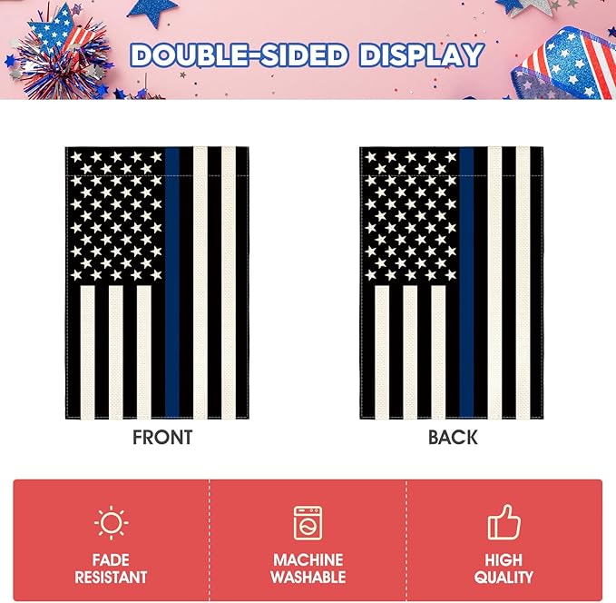 AVOIN colorlife Thin Blue Line Garden Flag 12x18 Inch Double Sided, American Stars and Stripes Police Officers Solidarity Yard Outdoor Decoration