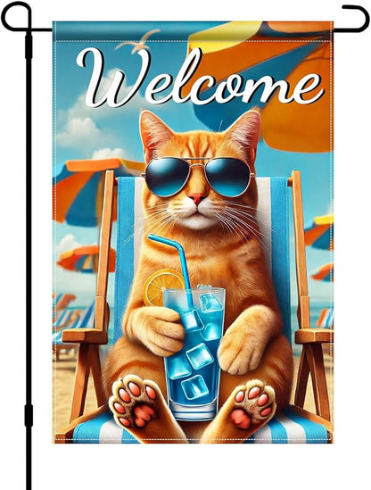 HOMETITUTE Hello Summer Beach Orange Cat Garden Flag 12×18 Inch Double Sided Summer Coastal Seasonal Tropical Pool Yard Flag Summer Cat Garden Flags Tropical Ocean Sea Outside Outdoor House Decoration
