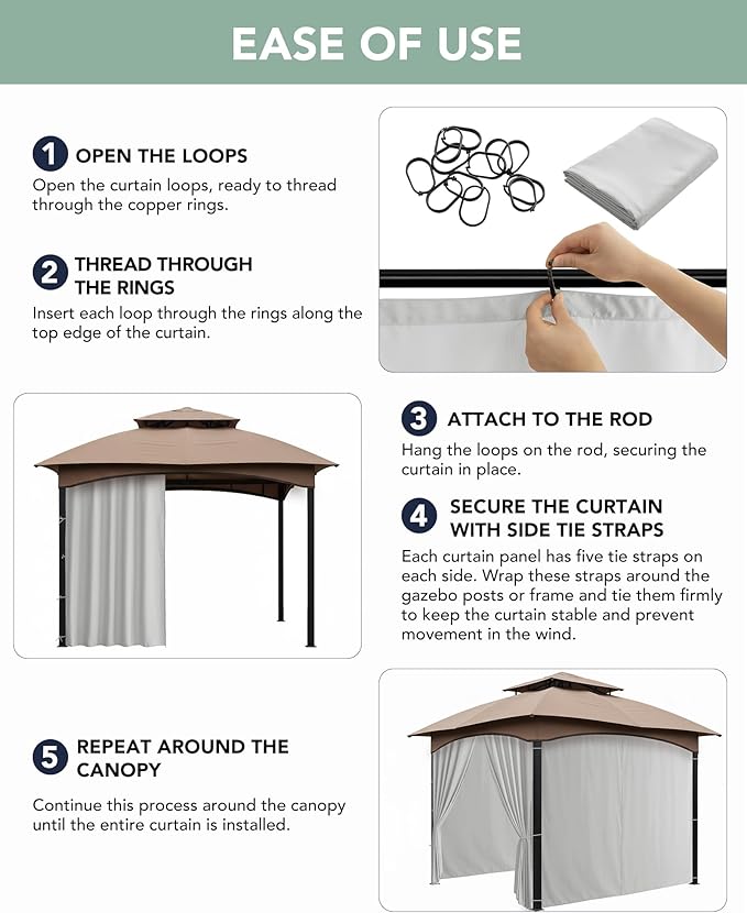 Outdoor Curtains Patio Waterproof - 10'Wx10'Lx7'H Weatherproof Pergola Outside Curtains, Gazebo Universal Replacement Privacy Curtains, 4 Panels Sidewall Drapes with Zipper, Silver