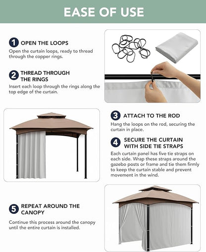 Gazebo Curtains Outdoor Waterproof - 10'Wx12'Lx7.9'H Gazebo Universal Replacement Privacy Curtains, 4 Panels Sidewall Drapes with Zipper for Patio Pergola Garden Backyard, Silver
