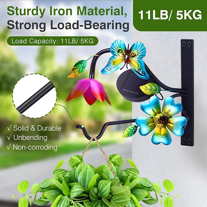 Lewondr Plant Hangers with Solar Light,9 Inch Metal Hanging Plant Bracket Outside,Butterfly Plant Wall Hook Solar Lights Outdoor for Wall,Flower Basket,Bird Feeder,Lantern,Wind Chime,2 Pack