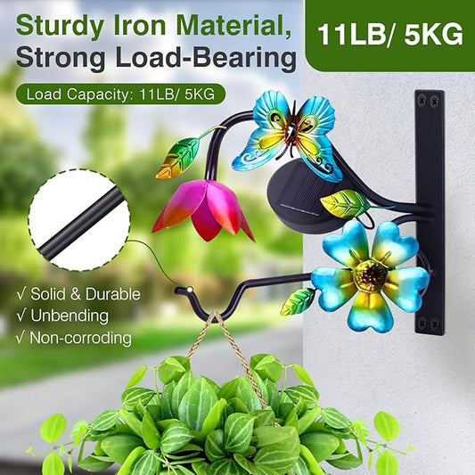 Lewondr Plant Hangers with Solar Light,9 Inch Metal Hanging Plant Bracket Outside,Butterfly Plant Wall Hook Solar Lights Outdoor for Wall,Flower Basket,Bird Feeder,Lantern,Wind Chime,2 Pack