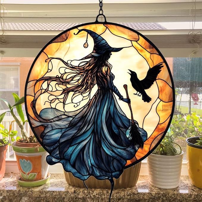 Witch Faux Mosaic Acrylic Suncatcher Stained Glass Effect Window Car Hanging Christmas Ornament Indoor Outdoor Decor Garden Sun Catcher Panel for Acrylic Suncatcher Lover for Women Mom Grandma