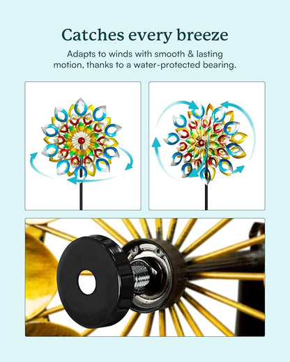 Yard Garden Wind Spinners with Stake - Large Outdoor Metal Wind Spinners, Lawn Yard Art Garden Decor (24" W x 84" H)