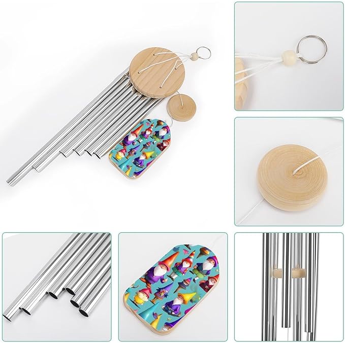 20.5 Inches Decorative Wind Chimes Colorful Gnomes Printed Outdoor Windchime Memorial Wind Chime with 6 Tubes for Outside Garden Backyard Decor