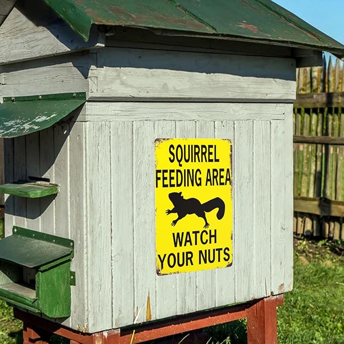 Retro Funny Metal Sign Sheet Signs Tin Sign,Squirrel Feeding Area Watch Your Nuts,Outdoor Home Wall Decoration,Size：8x12inch