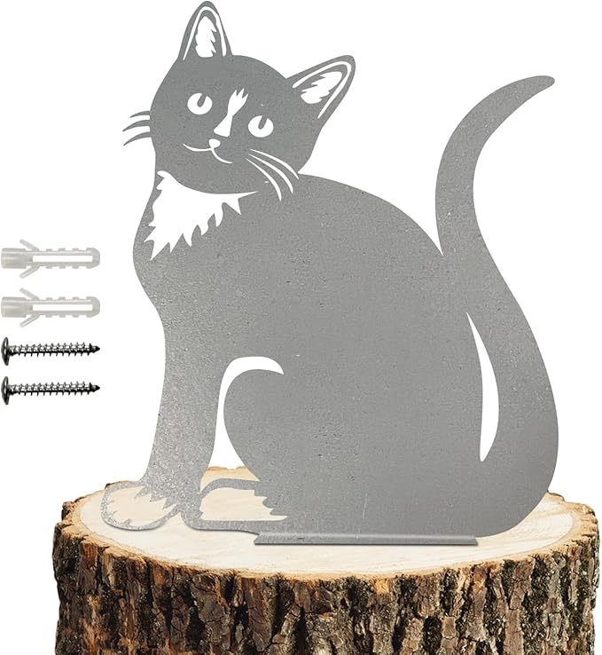 Metal Cat Decoration, Silver Garden Ornaments Silhouette Simulation Figurine Home Decor Rustic Outdoor Patio Yard Adornment Metal Cat Statues