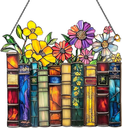 Jesuspirit - Window Hanging Suncatcher – Crystal Clear Acrylic & Wood Sun Catcher for Home Decor, for Women (Vintage Flower Book, 8 Inches)