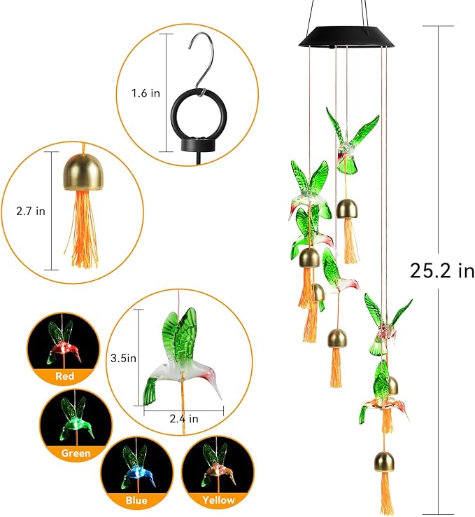 Hummingbird Gifts for Women Mom Grandma,Hanging Solar Wind Chimes for Outside,Waterproof LED Gardening Garden Decor Lights for Festival Birthday Gifts for Girlfriend Wife (Black Housing)