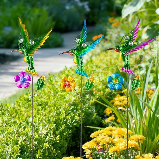 3 Pcs Hummingbird Decorative Garden Stakes with Metal Flower Set Spring Outdoor Decor,Metal Yard Art Stakes for Outside Garden Porch Lawn Plant Pot Flower Bed
