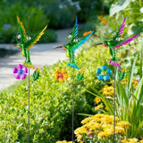 3 Pcs Hummingbird Decorative Garden Stakes with Metal Flower Set Spring Outdoor Decor,Metal Yard Art Stakes for Outside Garden Porch Lawn Plant Pot Flower Bed