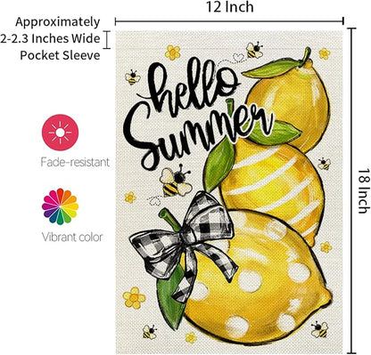 CROWNED BEAUTY Hello Summer Garden Flag Lemons 12x18 Inch Double Sided Small Yellow Floral Seasonal Holiday Decoration for Outside Yard