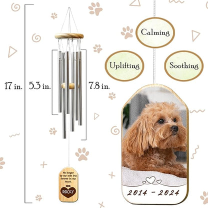 Personalized Pet Memorial Wind Chimes for Remembrance, 17 Inches, Paw Print - Add Photo & Text - Metal Tubes and Custom Wooden Striker Windcatcher