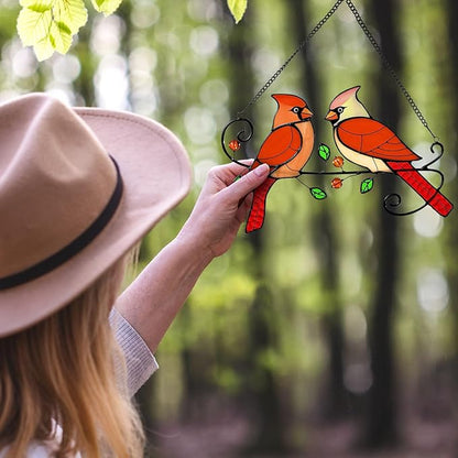 Cardinal Bird Stained Glass Window Hanging, Sun Catchers Indoor Panel, Nautical Suncatcher Decor for Home, Wall, Garden, Coastal Ornament, Gift for Women and Mom