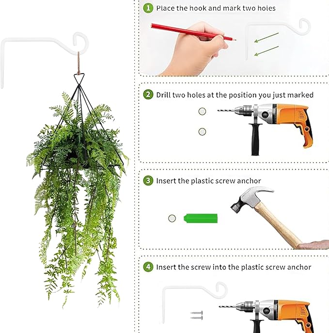 4 Pcs 6.7 Inch White Plant Hanger Hooks Indoor/Outdoor Wall Mount.Metal Heavy Duty Hanging Plant Holder.Hanging Holder for Bird Feeders, Wind Chimes, Flower Baskets (White, 4Pcs)