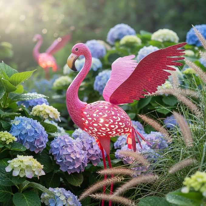 43" Metal Flamingo Garden Sculptures with Solar Light, Pink Flamingo Yard Art - Large Outdoor Lawn Ornaments & Decor for Patio, Backyard, Garden
