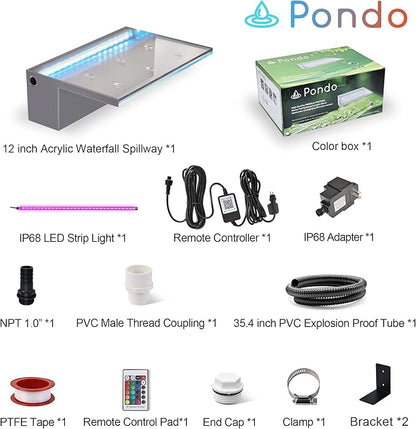 12'' APP Control Waterfall Spillway with RGB LED Lights, Acrylic Pond Fountain Set for Outdoor Decorations, Patio Pool Kit on The Wall for Garden w/16 Color Changing, Easy Installation