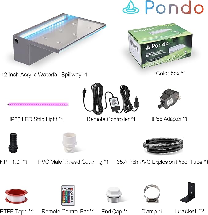 PONDO 12'' APP Pool Waterfall with 16 Colors LED Lights, Acrylic Pond Fountain Set for Outdoor Decorations, Patio Waterfall Spillway Kit on The Wall for Garden, Easy Installation
