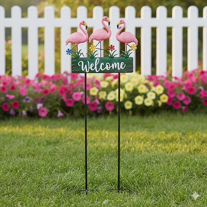 43.3inch Flamingo Garden Stakes with Vintage Welcome Yard Sign, Flamingo Outdoor Decor Metal Yard Art Ornaments for Outside Landscape, for Wife