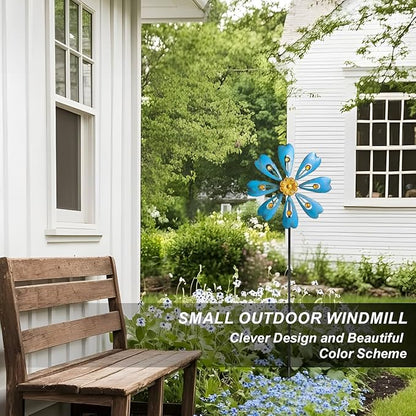 Flower Outdoor Metal Wind Spinner, Single-Layer Kinetic Garden Art with Vibrant Blue Finish - Weatherproof Wind Sculpture for Lawn, Patio, Yard Decor - 10''W x 36''H