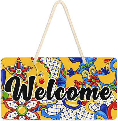 Kigai Welcome Sign Mexican Talavera Front Door Sign, Waterproof Wall Hanging Plaque for Housewarming, Farmhouse Porch Yard Garden Home Decor, 11 x 6 Inch
