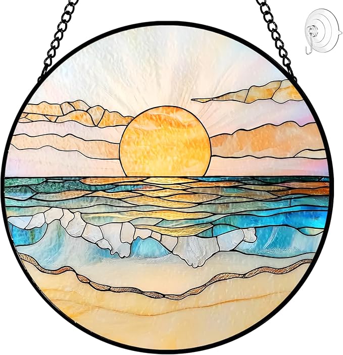 Beach Sunset Suncatcher Stained Glass Window Hanging - 8″ Handmade Ocean Suncatchers for Windows Hanging - Coastal Decor Sun Catchers Diamond Sea Glass Ornaments - Birthday Gifts for Women Mom Lovers