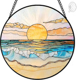 Beach Sunset Suncatcher Stained Glass Window Hanging - 8″ Handmade Ocean Suncatchers for Windows Hanging - Coastal Decor Sun Catchers Diamond Sea Glass Ornaments - Birthday Gifts for Women Mom Lovers