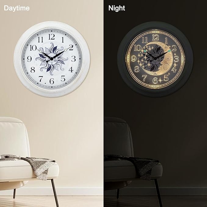 OCEST Large 15 Inch Metal Waterproof Outdoor Clock, Silent Illuminated Night Light Battery Operated Wall Clocks for Garden Pool Patio Living Room Decorative Decor