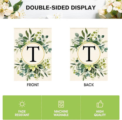 AVOIN colorlife Monogram Letter T Floral House Flag 28x40 Inch Double Sided Outside, Family Last Name Initial Yard Outdoor Decoration