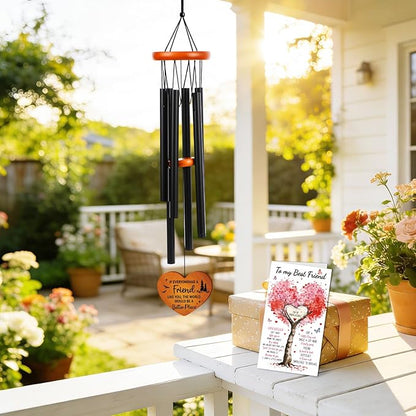 Wind Chimes for Outside for Women - 25.5" Friendship Wind Chime with Wood Plaque & Greeting Card Outdoor Garden Decor for Birthday Christmas BFF Bestie Gifts