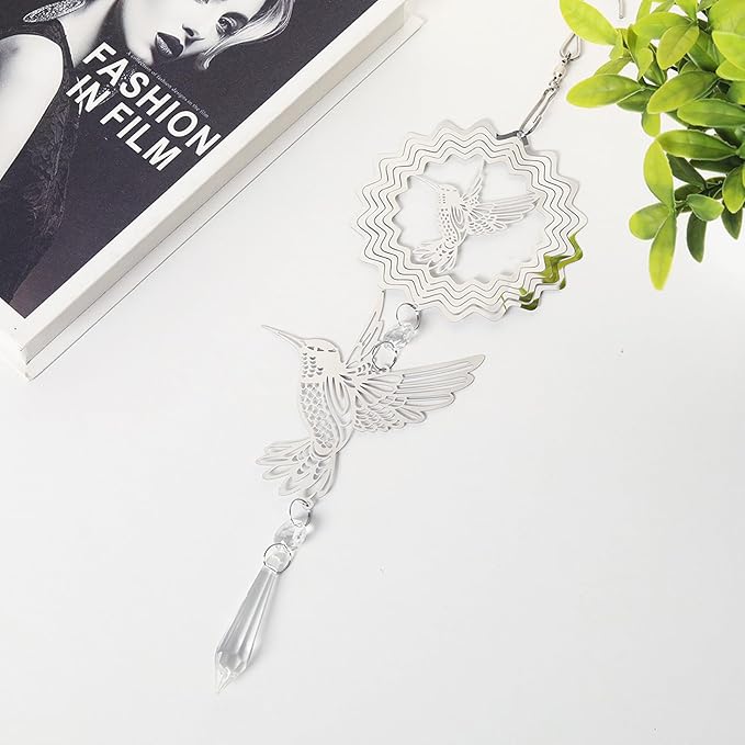 LONGSHENG - SINCE 2001 - Crystal Suncatcher Wind Spinner Pendant Hanging Silver Hummingbird Ornament Rainbow Maker Garden Patio Sun Catcher Glass Crystals for Indoor Outdoor Decoration