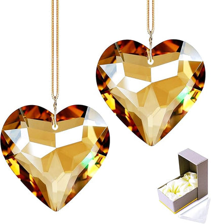 Champagne Heart Crystal Suncatcher, 2pc 45mm Hanging Prism for Windows, Outdoor Indoor Decoration, Rainbow Maker Gifts for Mom, Grandma, Friend