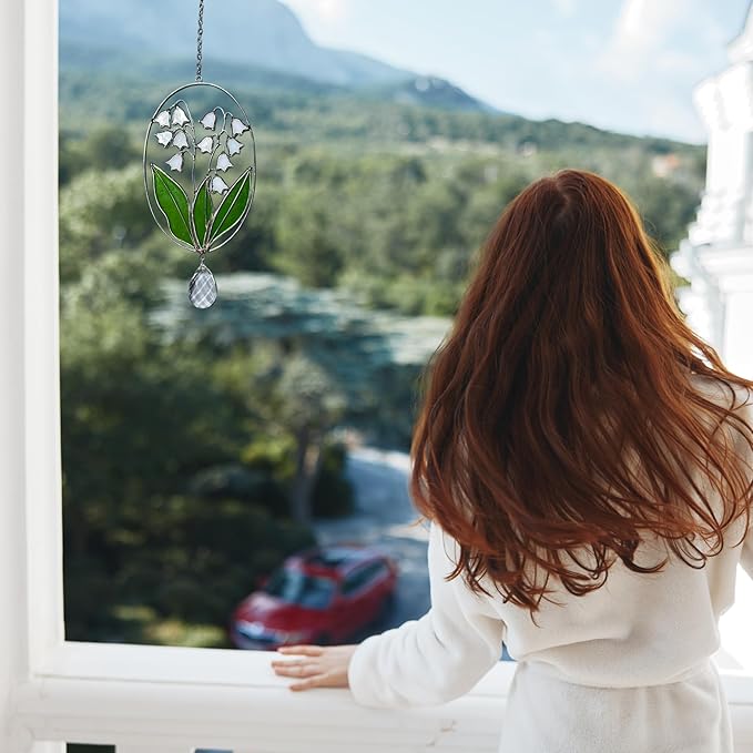 Real Stained Glass Suncatcher Lily of The Valley Suncatcher – Elegant Stained Glass Window Hanging Decor Plant Lover Gifts for Women Home Decor Gifts Sun Catchers Indoor Window 7.7in