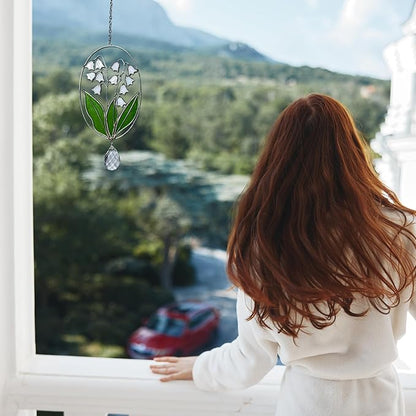 Real Stained Glass Suncatcher Lily of The Valley Suncatcher – Elegant Stained Glass Window Hanging Decor Plant Lover Gifts for Women Home Decor Gifts Sun Catchers Indoor Window 7.7in