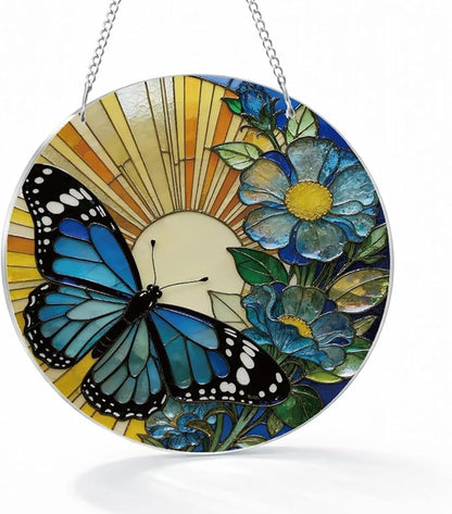 Butterfly Flower Suncatcher, Blue Flower Window Wall Art, Acrylic Sun Catcher for Window Door Hanging, Home Garden Decors, Mother's Day Christmas Festival Gift for Women Mom Grandma