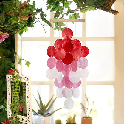 Wind Chimes for Outside, Handcrafted Capiz Shells Windchime Coastal Style Decor for Indoor/Outdoors, Garden Decors, Great Gift for Women, Beach Hanging Decor, Wind Chimes Lovers (Red Pink Gradient)