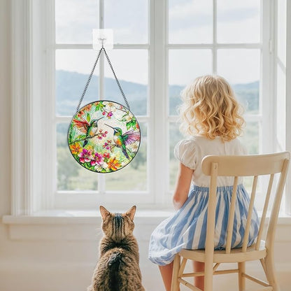 Suncatcher Stained Glass Window Hanging - Hummingbird Glass Panel with Metal Chain and Hooks Handmade Sun Catcher Decoration for Window Garden Home Christmas & Birthday Gifts (6.3 Inch)
