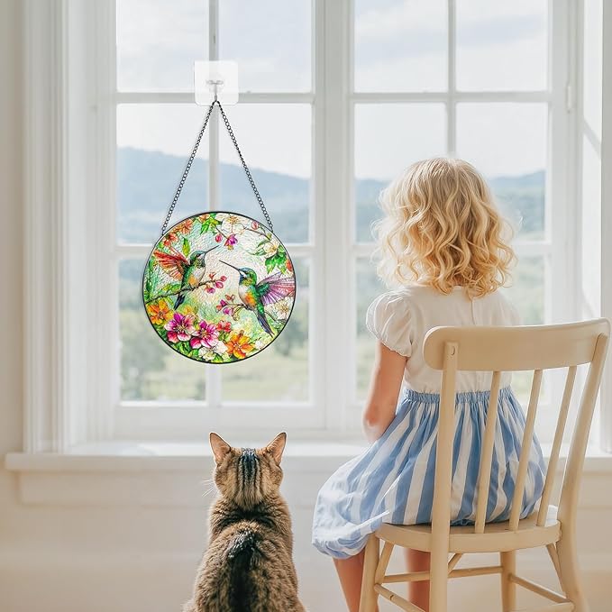 Suncatcher Stained Glass Window Hanging - Hummingbird Glass Panel with Metal Chain and Hooks Handmade Sun Catcher Decoration for Window Garden Home Christmas & Birthday Gifts (7.8 Inch)
