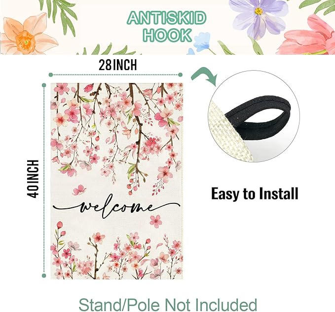 Baccessor Spring Summer Welcome House Flag 28 x 40 Inch Double Sided Burlap Pink Floral Cherry Blossom Green Leaf Farmhouse Large Yard Flag Summer Holiday Seasonal Outdoor Outside Decoration