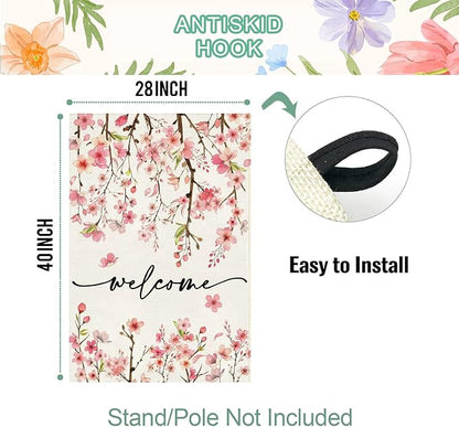 Baccessor Spring Summer Welcome House Flag 28 x 40 Inch Double Sided Burlap Pink Floral Cherry Blossom Green Leaf Farmhouse Large Yard Flag Summer Holiday Seasonal Outdoor Outside Decoration