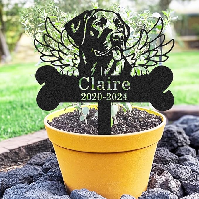 Personalized Labrador Retriever Dog Memorial Garden Stake, Custom Dog Wings Memorial Grave Marker with Name Date, Outdoor Pet Memorial Sign for Labrador Retriever Statue Metal Engraved Sign