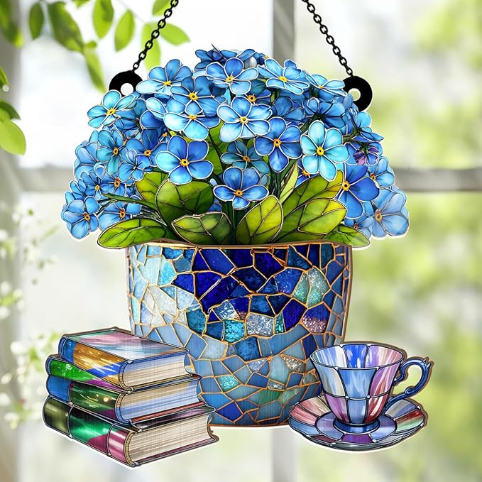 Jesuspirit - Window Hanging Suncatcher – Crystal Clear Acrylic & Wood Sun Catcher for Home Decor, for Women (Forget-Me-Not, Books, and Tea, 6 Inches)