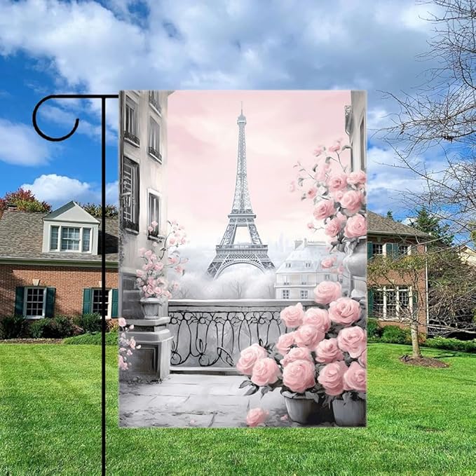 Gkyygk Eiffel Tower Pink Roses Paris Welcome Garden Flag 12x18 Inch Banners Vertical Double Sided Small Yard Flag Burlap Farmhouse Outdoor Lawn Patio Decor
