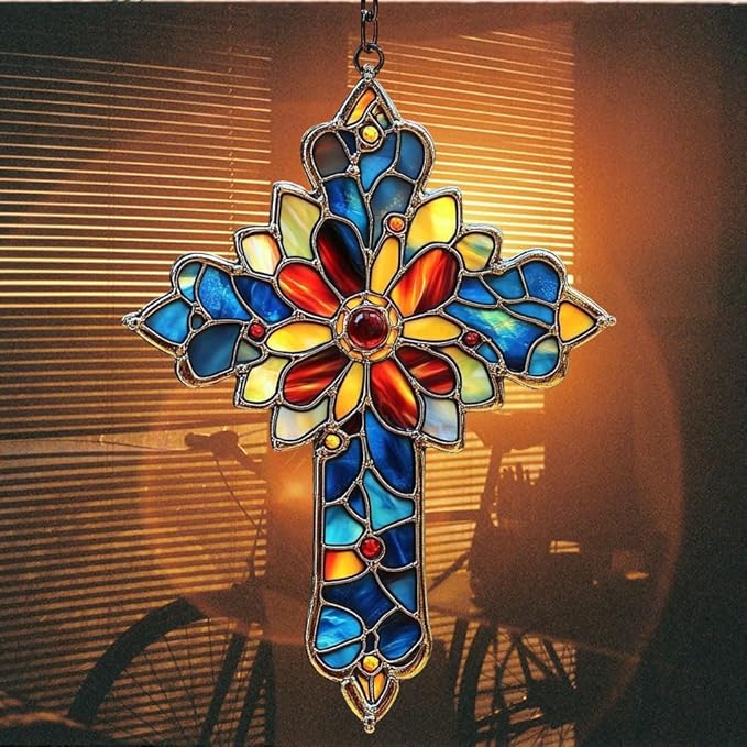 Mosaic Style Cross Acrylic Suncatcher Stained Glass Effect Window Car Hanging Christmas Ornament Indoor Outdoor Decor Garden Memorial Sun Catcher for Family Christmas Jesus Gift for Women Mom Grandma