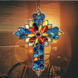 Mosaic Style Cross Acrylic Suncatcher Stained Glass Effect Window Car Hanging Christmas Ornament Indoor Outdoor Decor Garden Memorial Sun Catcher for Family Christmas Jesus Gift for Women Mom Grandma