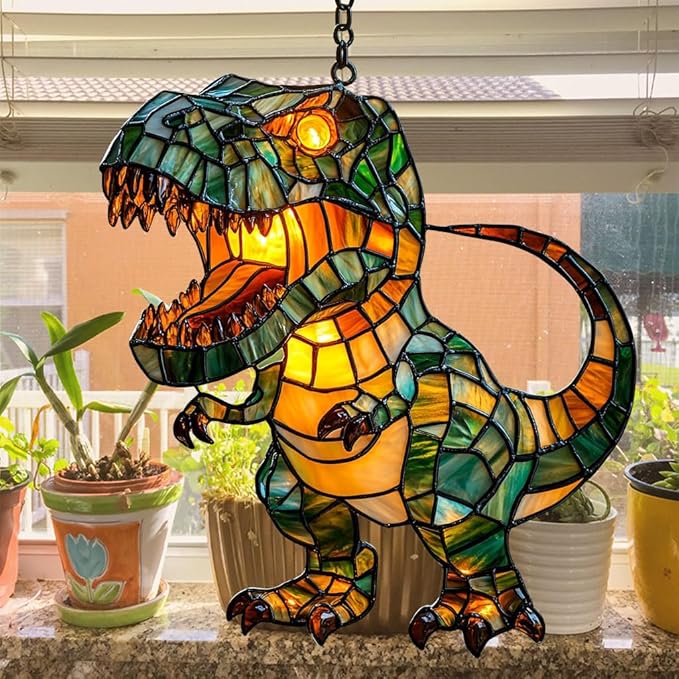 Cute Chibi T-rex Acrylic Suncatcher Stained Glass Effect Window Car Hanging Christmas Ornament Indoor Outdoor Decor Garden Sun Catcher Panel for Dinosaur Lover for Women Mom Grandma
