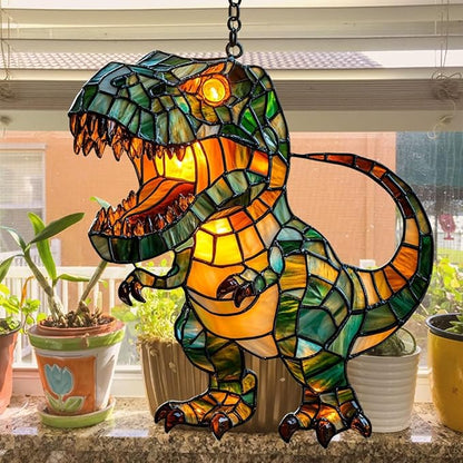 Cute Chibi T-rex Acrylic Suncatcher Stained Glass Effect Window Car Hanging Christmas Ornament Indoor Outdoor Decor Garden Sun Catcher Panel for Dinosaur Lover for Women Mom Grandma
