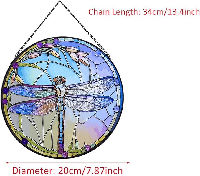 Stained Glass Window Hanging,20cm/7.87inch Dragonfly Hand-Painted Sun Catcher Garden Hangings Christmas Mother's Day, Valentine's Day Ornaments Festival Gift (C Style)