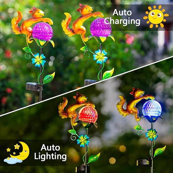 2 Pack Solar Pathway Lights Outdoor, Squirrel Solar Garden Lights, Waterproof Colorful Global Landscape Lighting, Decorative Garden Decor Gifts for Mom, Women
