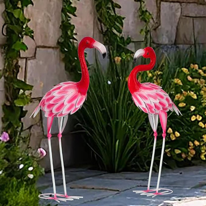 Set of 2 Metal Flamingo Garden Statues, Yard Flamingo Outdoor Decor for Lawn Patio Garden Backyard Display (Pink)